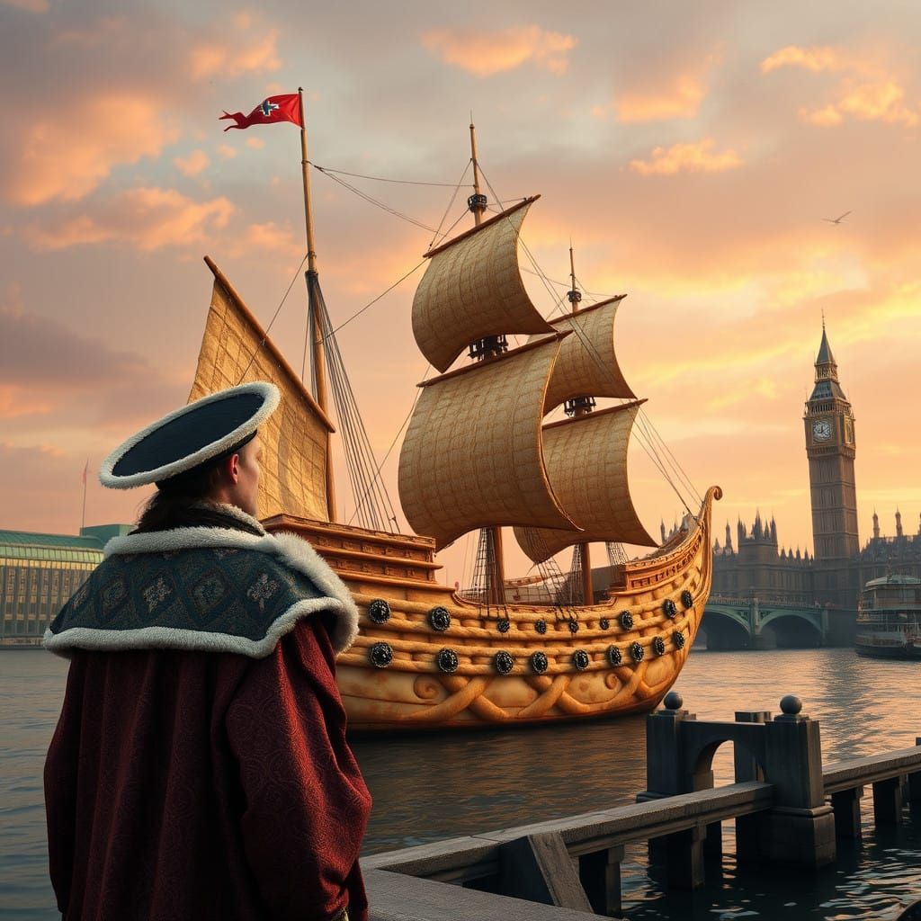 Henry Tudor Admires Majestic Bread Barque in London Docks