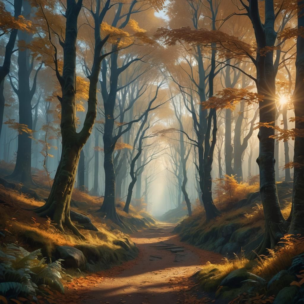 Autumn Forest Path in Golden Light: Digital Matte Painting