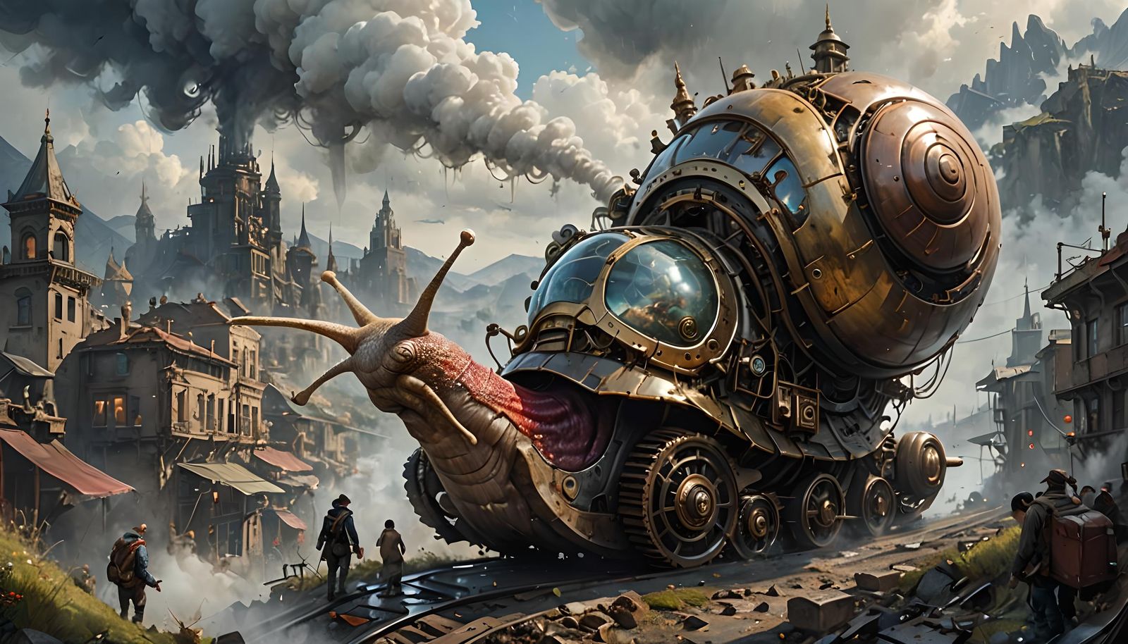 Giant Steampunk Snail City in a Mountain Pass