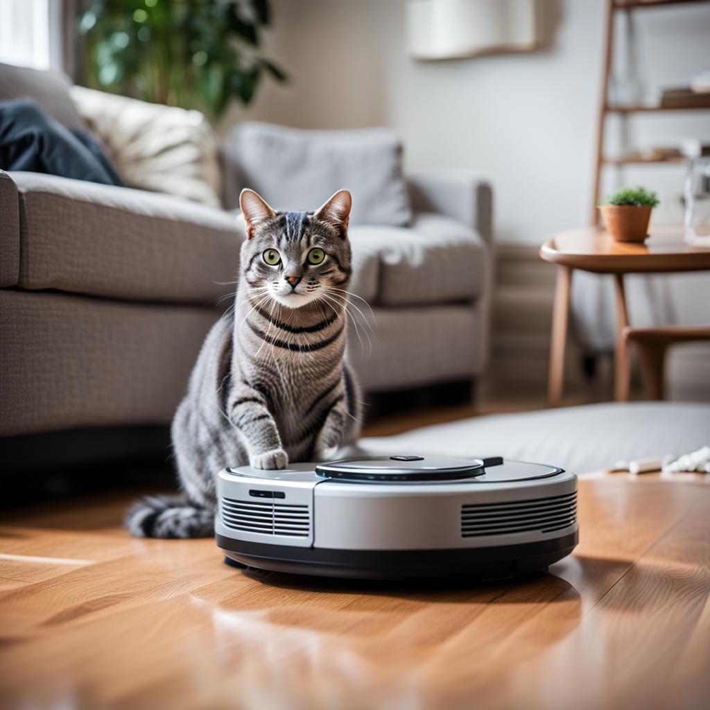 Tabby Cat Rides a Robot Vacuum: Professional Photo