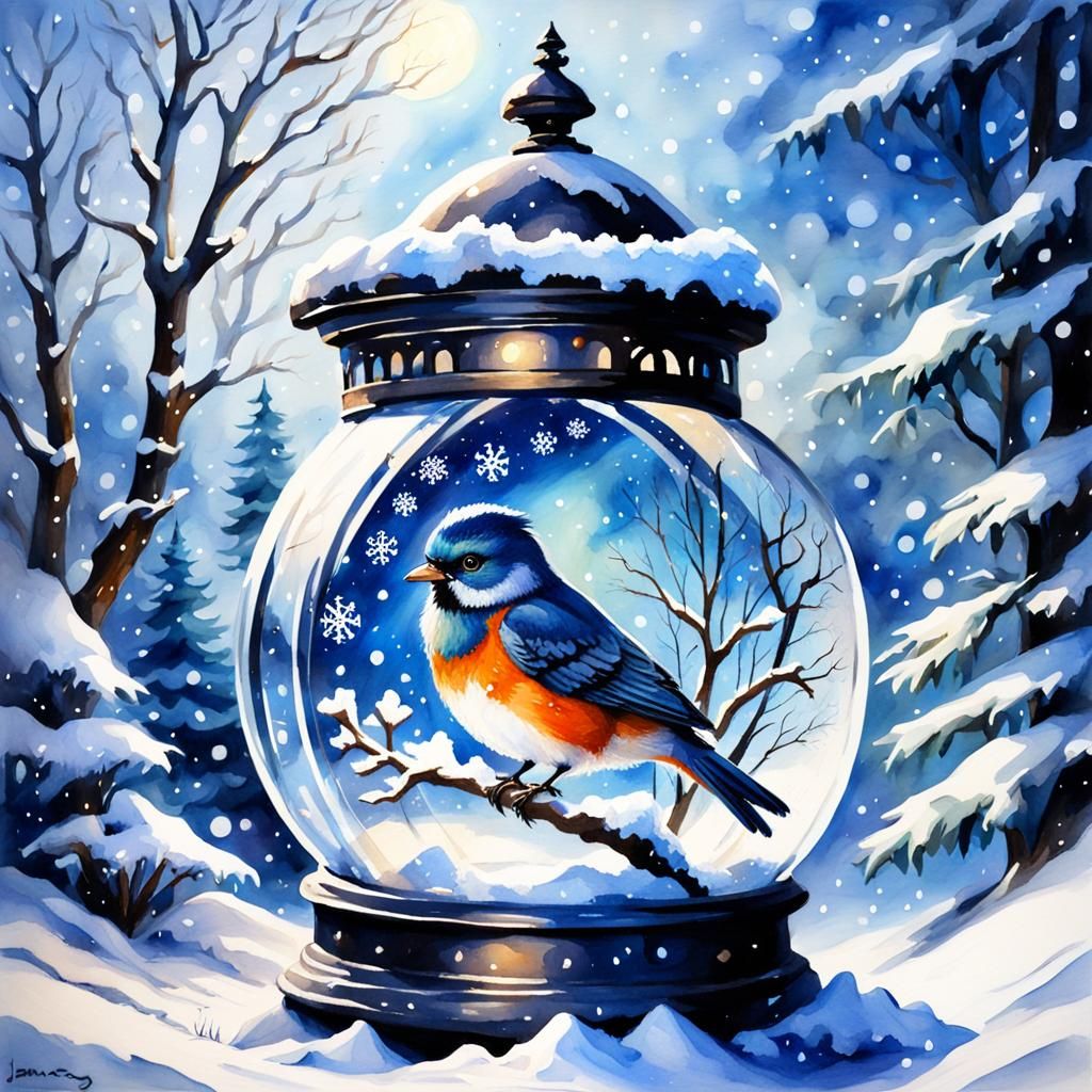 Fantasy Snow Globe with Winter Bird, Watercolor