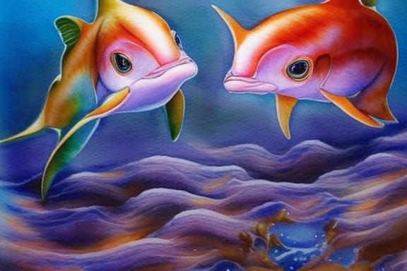 Adorable Dolphin Kittens Swimming in Ocean, Hyperrealism