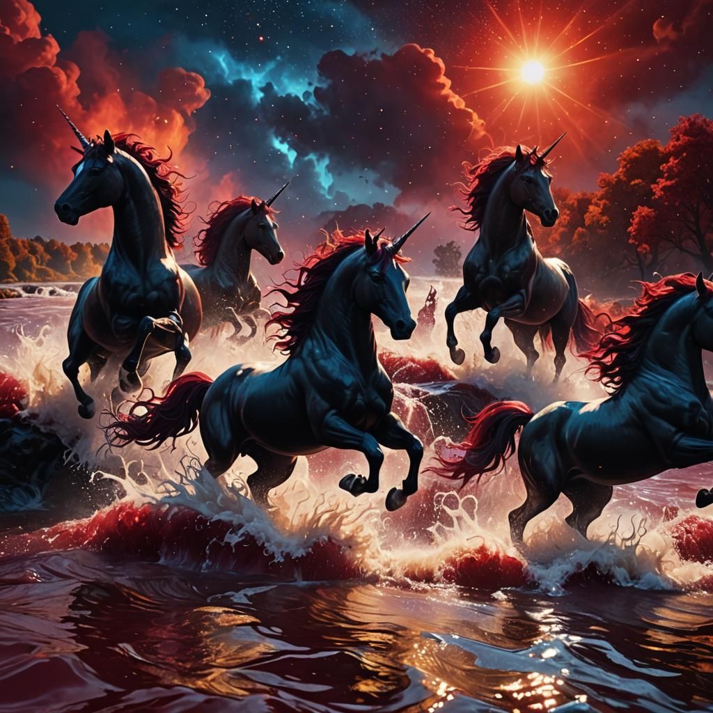 Black Unicorns Leap in a Mystical Dreamscape