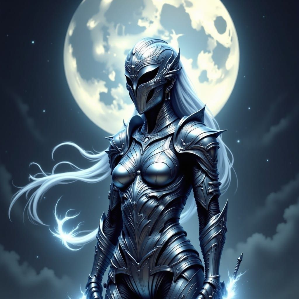 Lunar Sentinel: Warrior Woman in Silver Armor