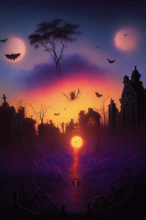 Halloween Graveyard: Dreamy Synthwave Fantasy Art