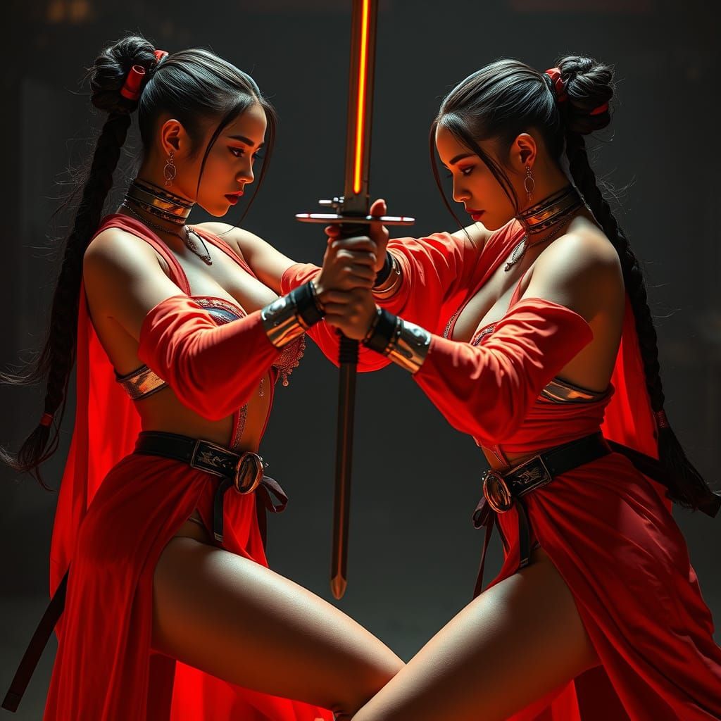 Cyberpunk Samurai Women Duel in High-Slit Robes