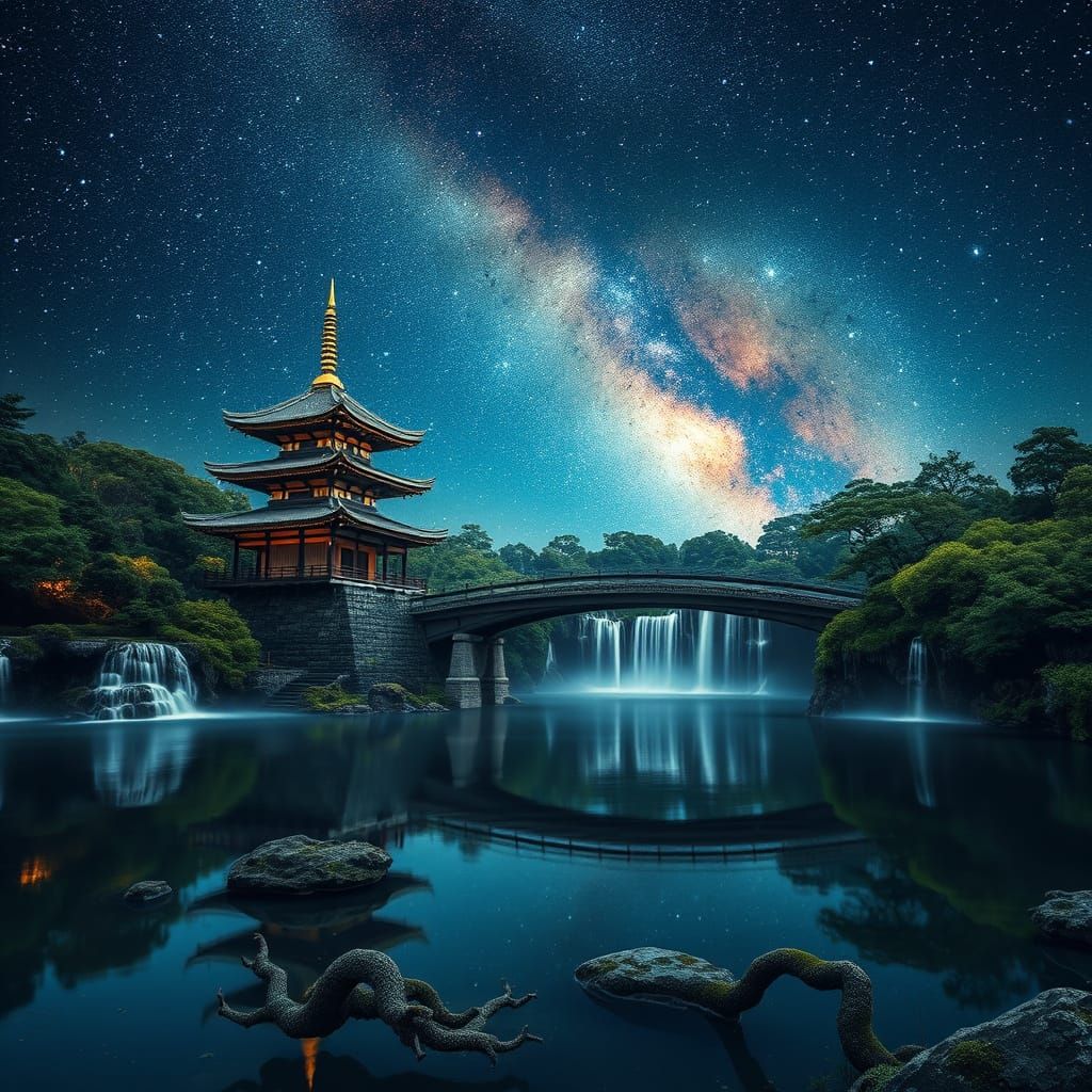 Starry Milky Way Over Mossy Pagoda Lake