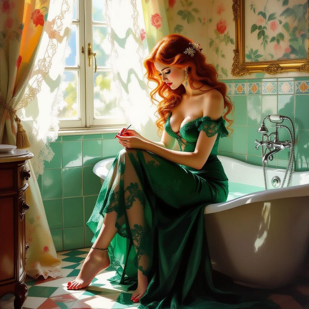 Woman Painting Toenails in French Bathroom, Impressionistic ...