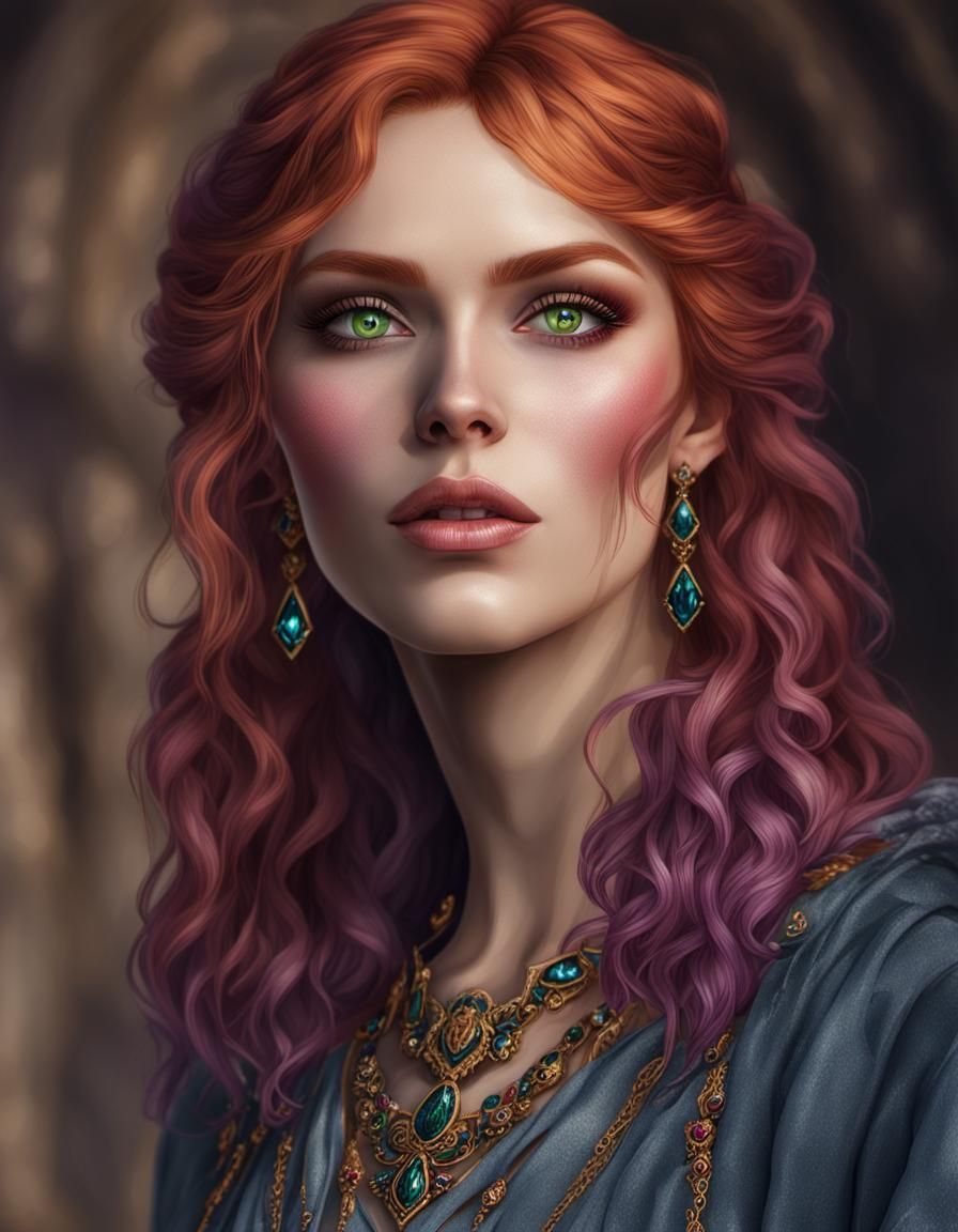 Gothic Beauty with Emerald Eyes and Ruby Jewels