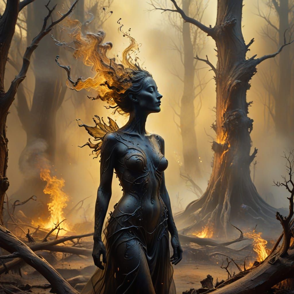Smoke Fairy in Charred Forest, Surreal Oil Painting