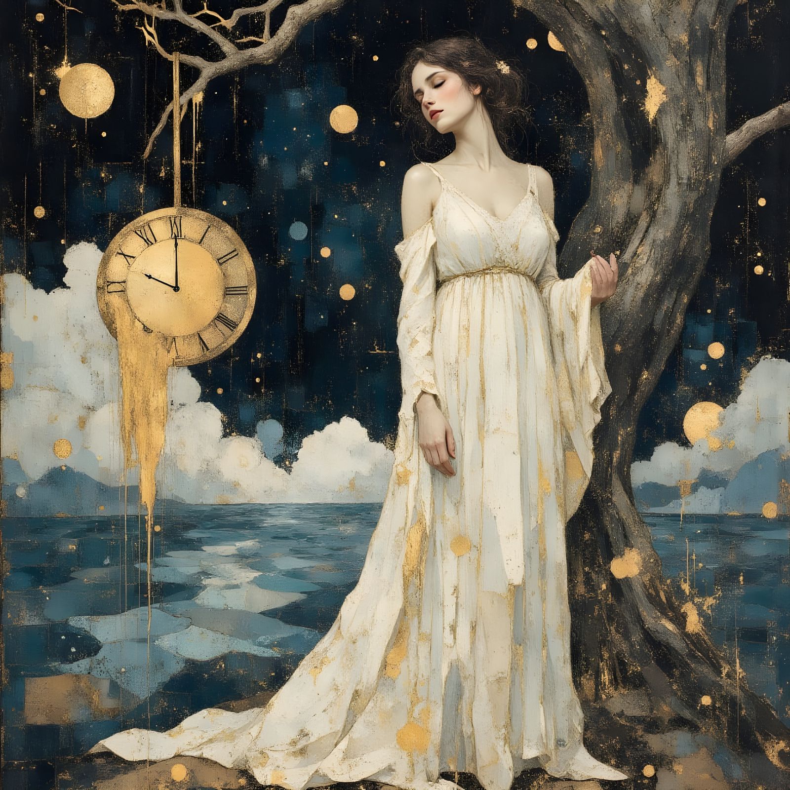 Goddess with Melting Clock in Surreal Dreamscape