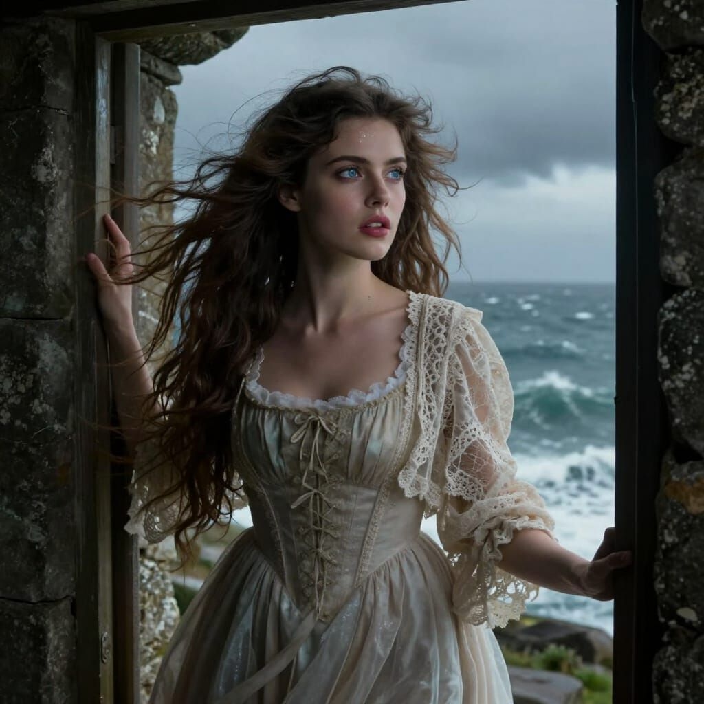 Woman in Regency Gown Gazes at Stormy Sea