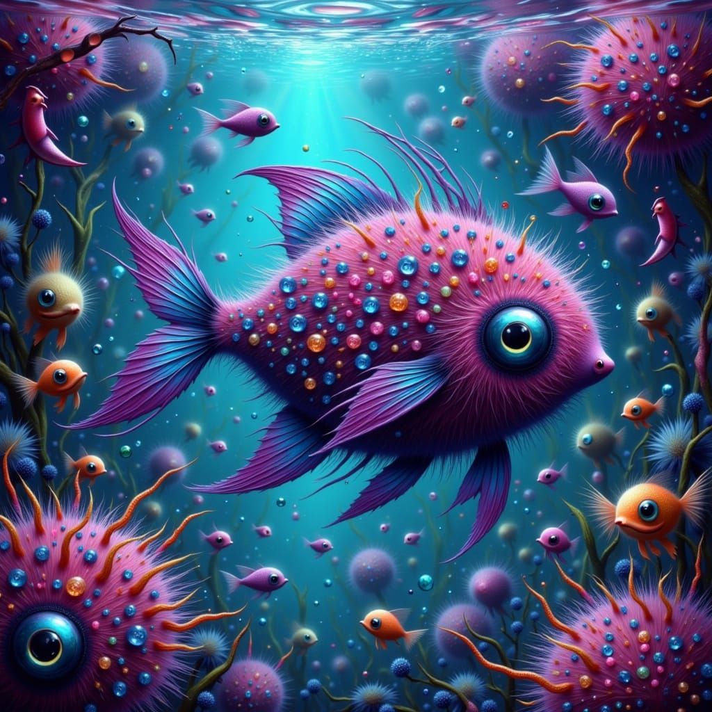 Furry Fish in Surreal Aquarium, Murakami Style