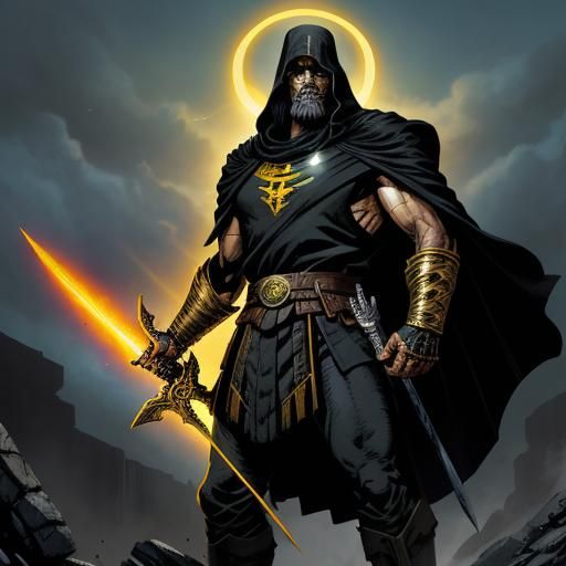 Epic Black Warrior on Battlefield in Comic Art Style