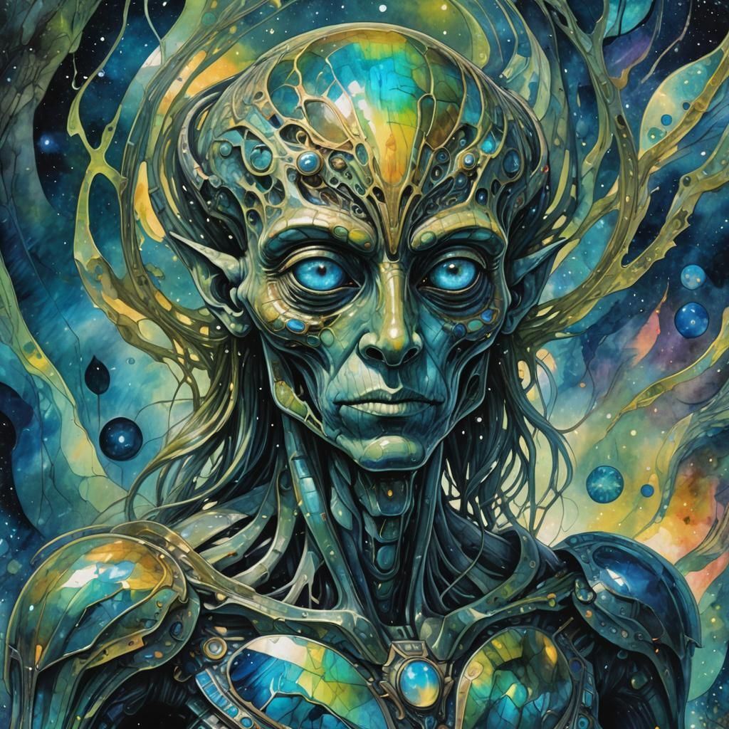 Labradorite Alien in Gouache Style: Cosmic Illustration