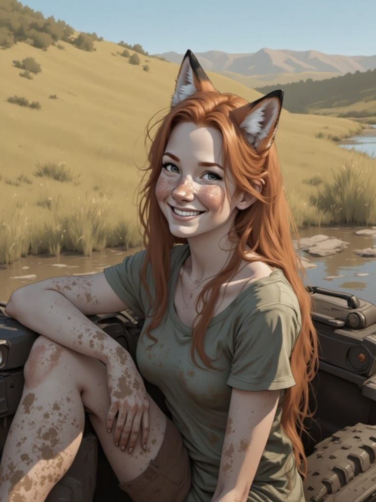 Fox-girl Vixen sitting in the flatbed covered in Mud.