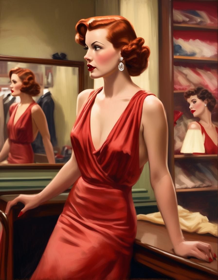 Glamorous Woman in Vintage Dress, Hopper Style