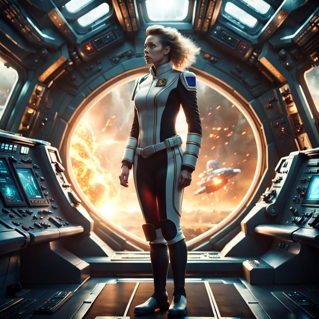 Female Space Captain Directs Battle in Sci-Fi Art