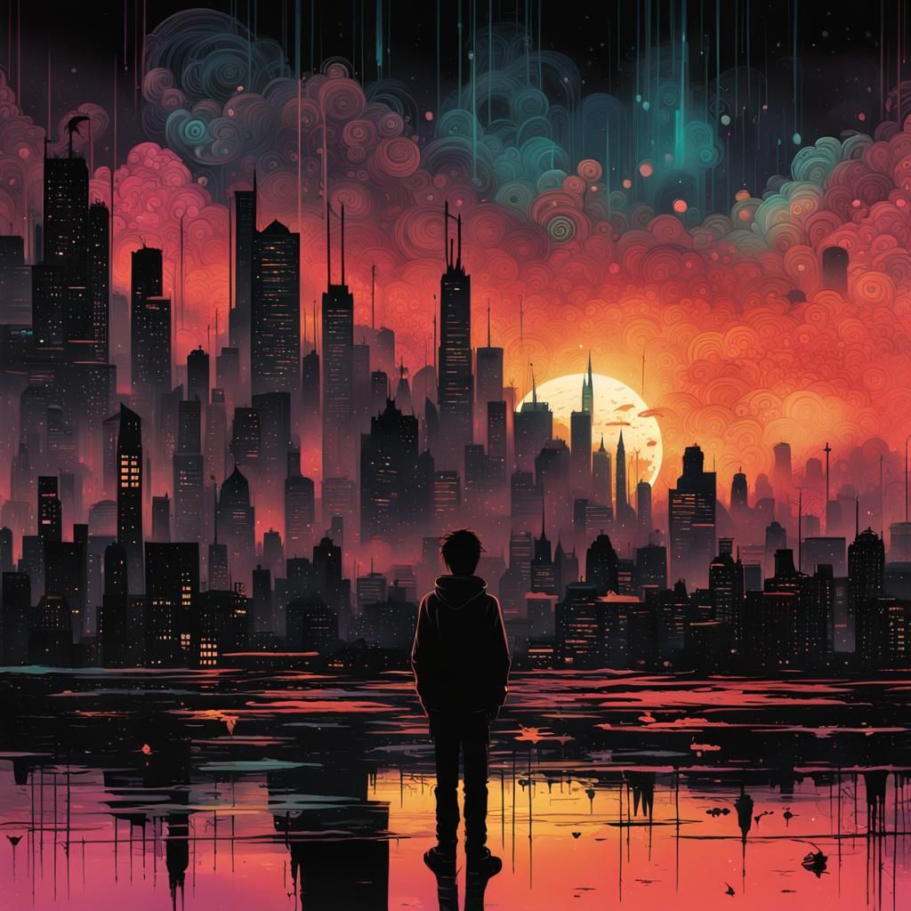 Cyberpunk City Silhouette with Bioluminescent Sunset