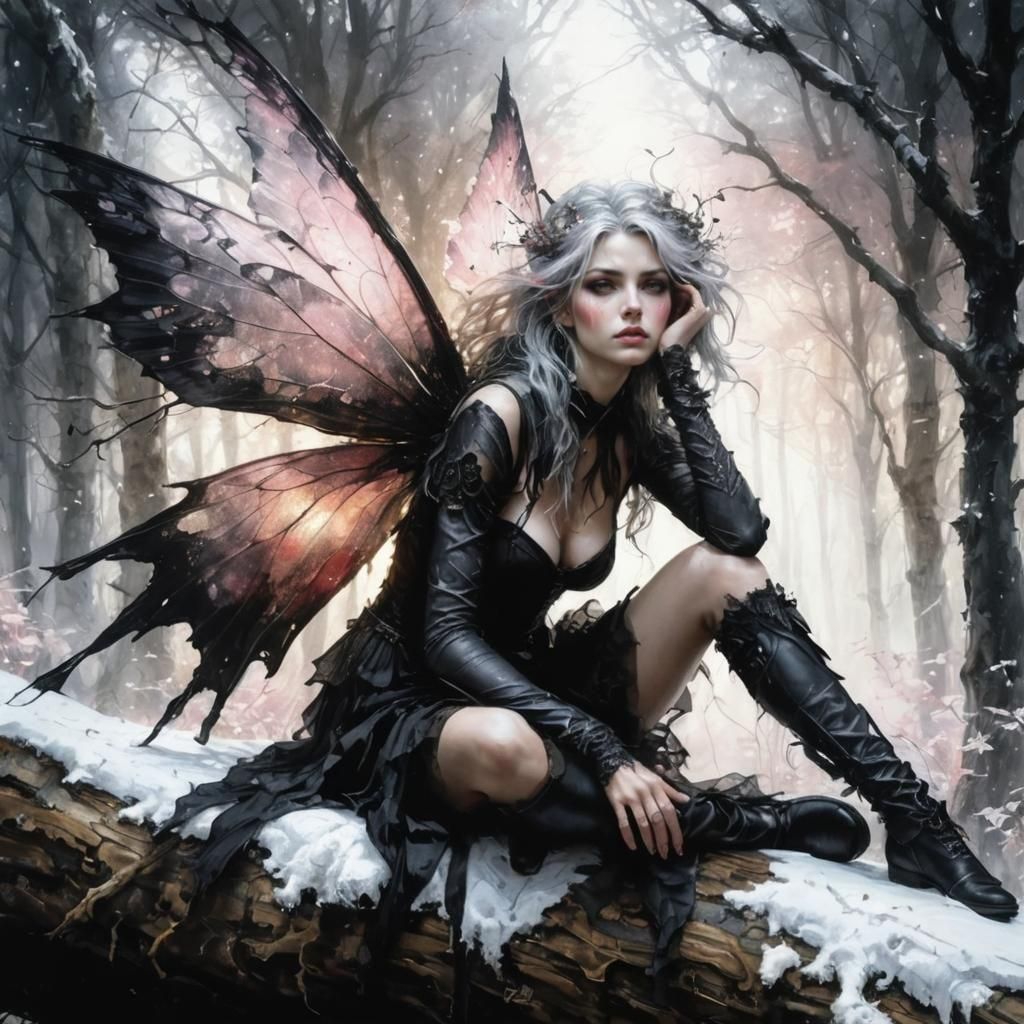 Tired Fairy in White Forest, Detailed Matte Painting