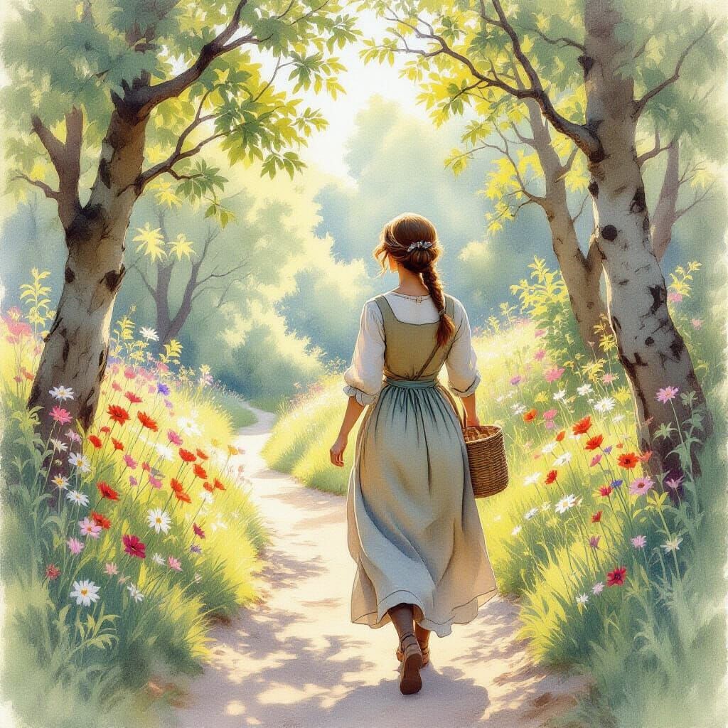 Medieval Woman in Sunlit Forest, Watercolor Style