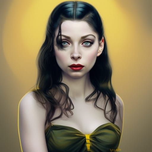 Actress Michelle trachtenberg, in A yellow dress, as a femme fatale, noir, realistic, hyper detailed,