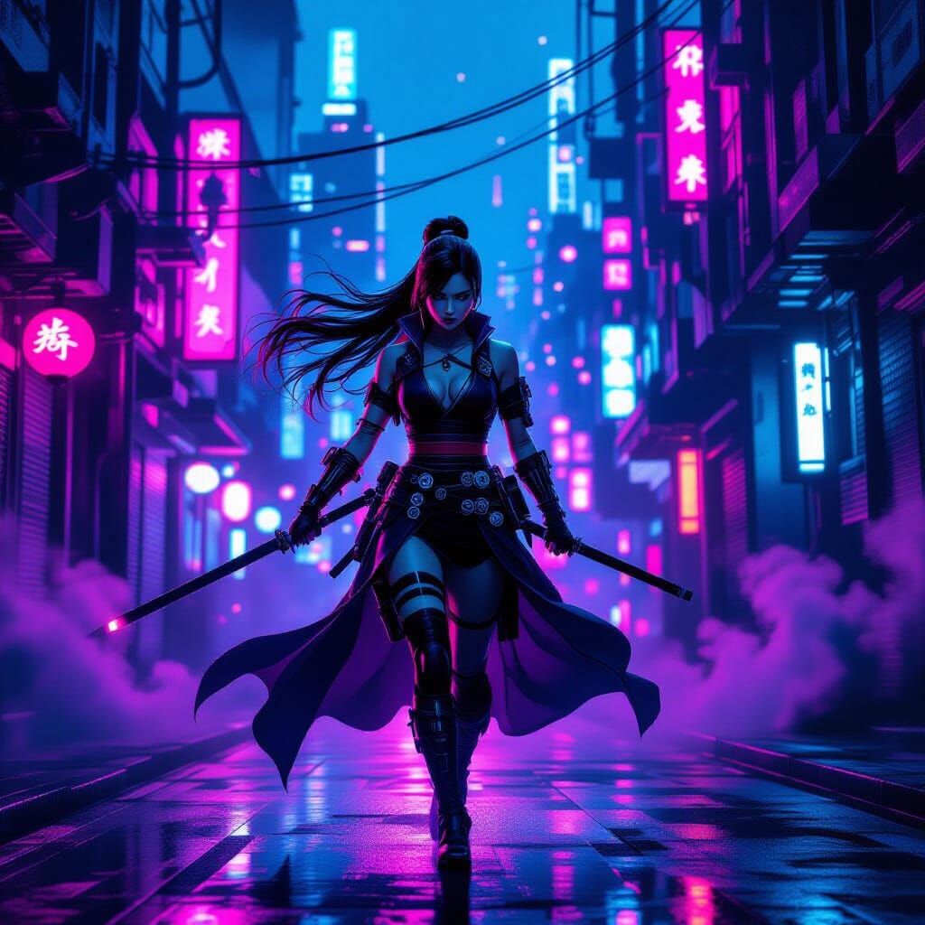 Female Ninja in Neon Steampunk Cityscape
