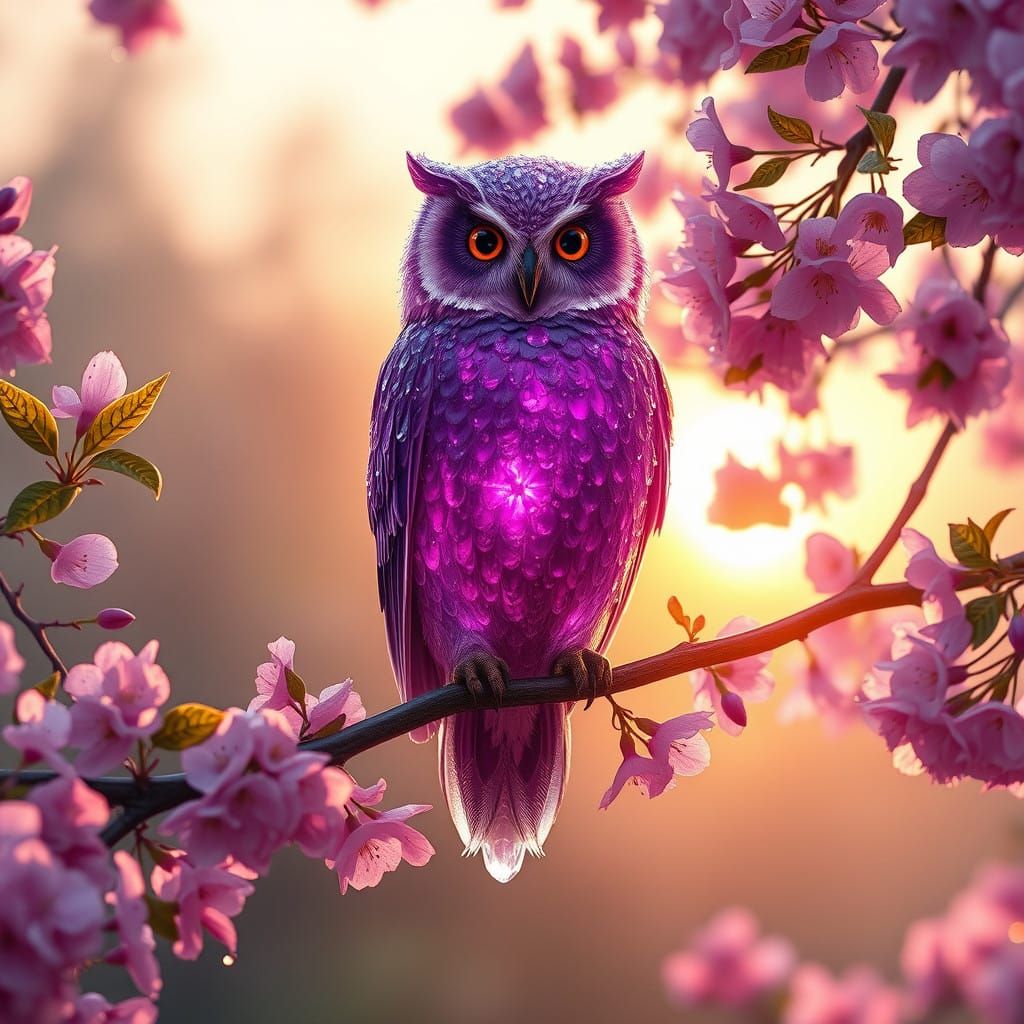 Surreal Purple Crystal Owl amidst Vibrant Cherry Blossoms in...