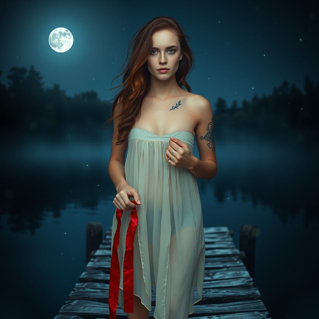Moonlit Slavic Woman at Forest Lake