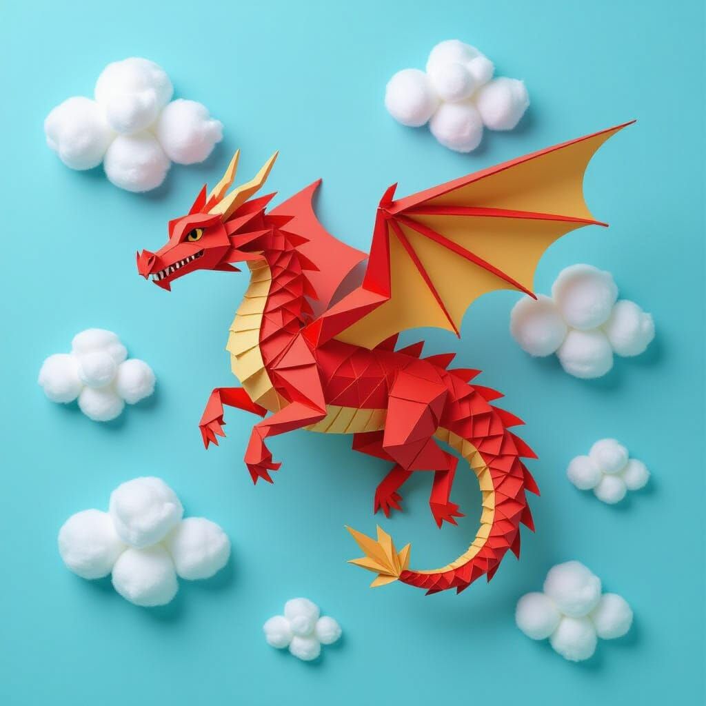Origami Dragon Soaring Through Paper Sky