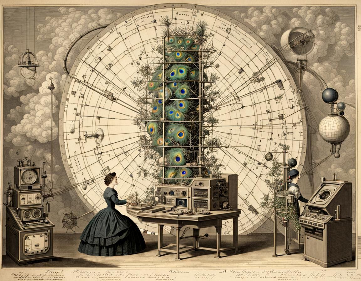 Woman with Robots and Rainbows in Futuristic Garden