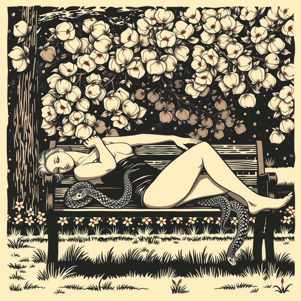 Woman with Snake in Park: Woodcut Style