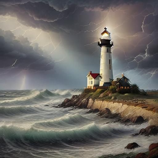 Beach Sunset with Lighthouse in Luminist Style