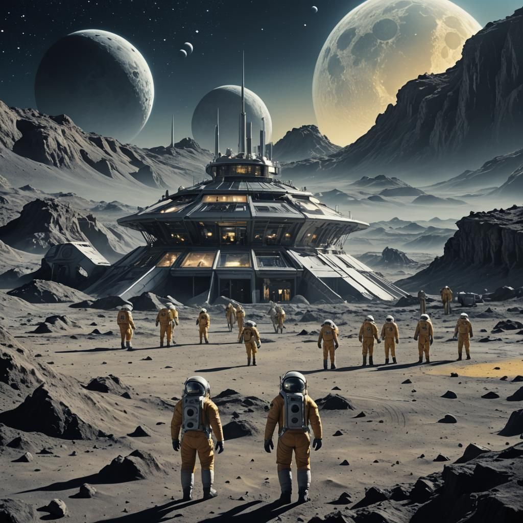 Futuristic Moon Colony with Astronauts in Matte Painting Sty...