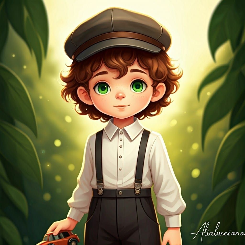 Whimsical Boy in Sunlit Garden with Vibrant Green and Yellow...