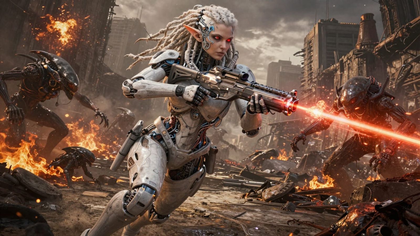 Cyborg Elf Warrior in Post-Apocalyptic City Battle