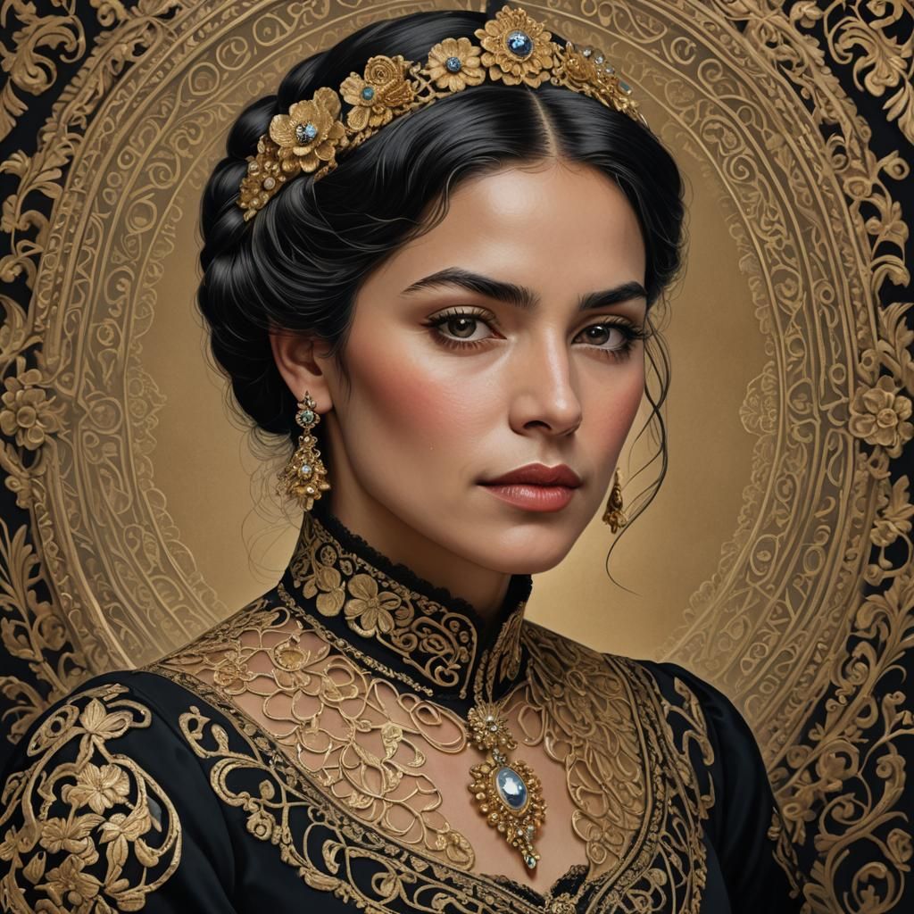 Chilean Woman Portrait with Golden Embroidery