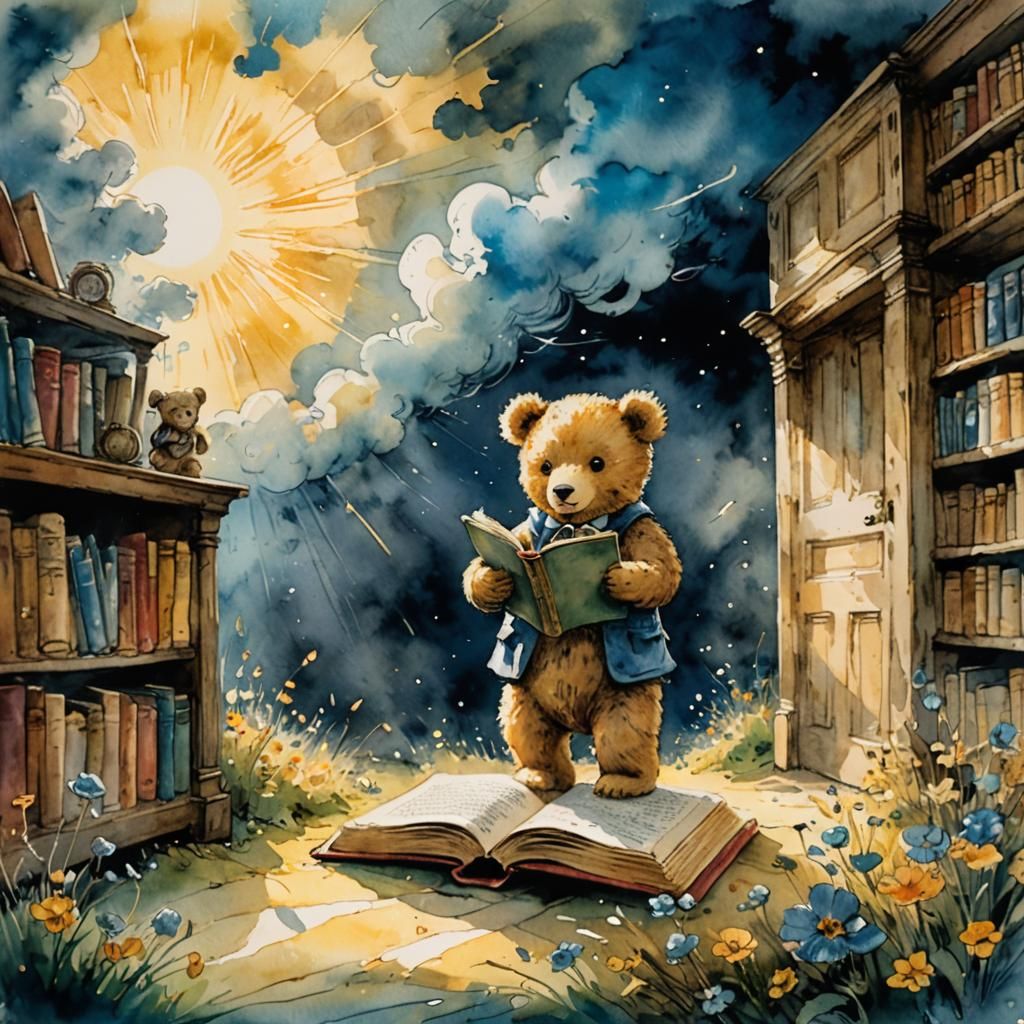 Teddy Bear Enters Portal in Whimsical Watercolour