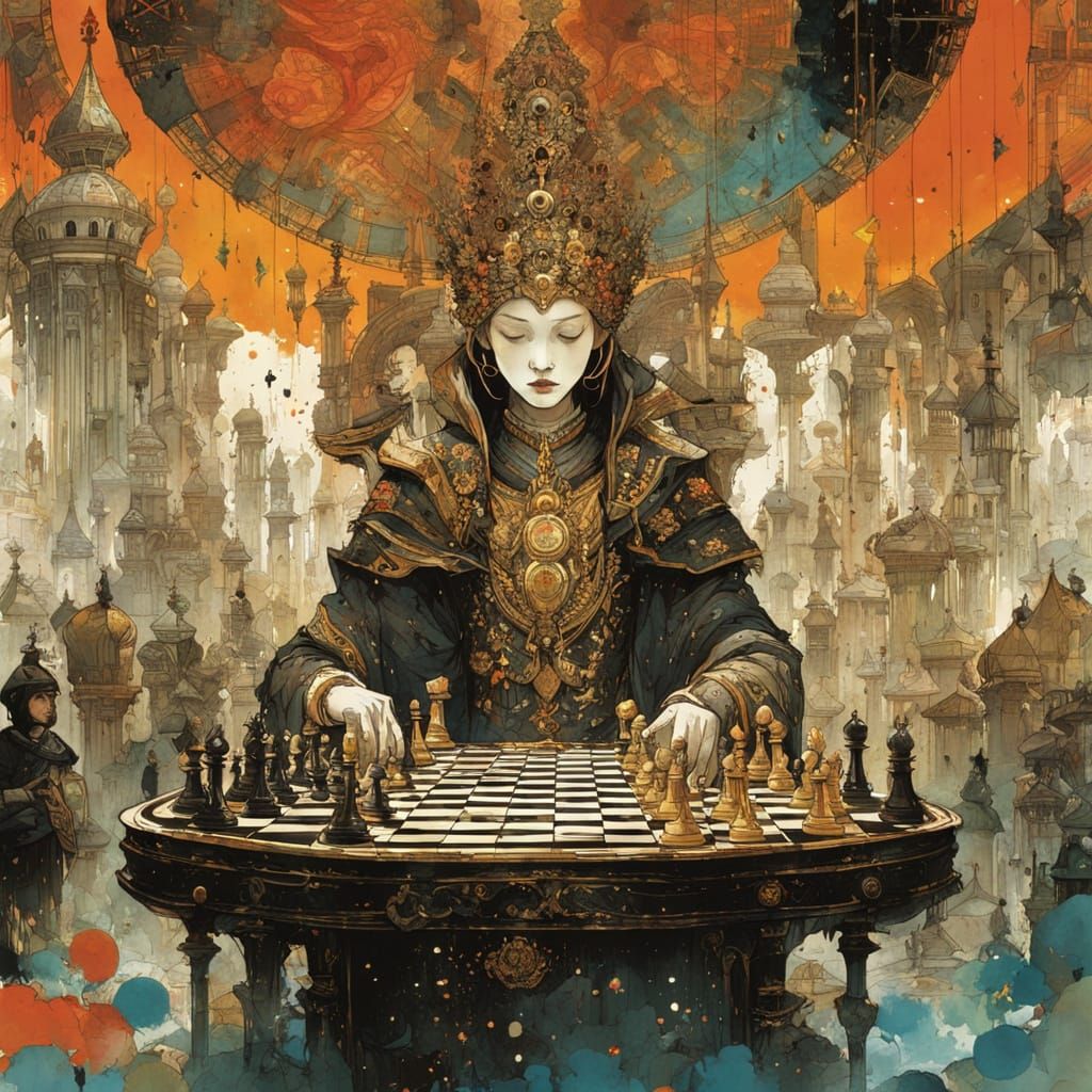 Watercolor Chess Game: King Beats Queen