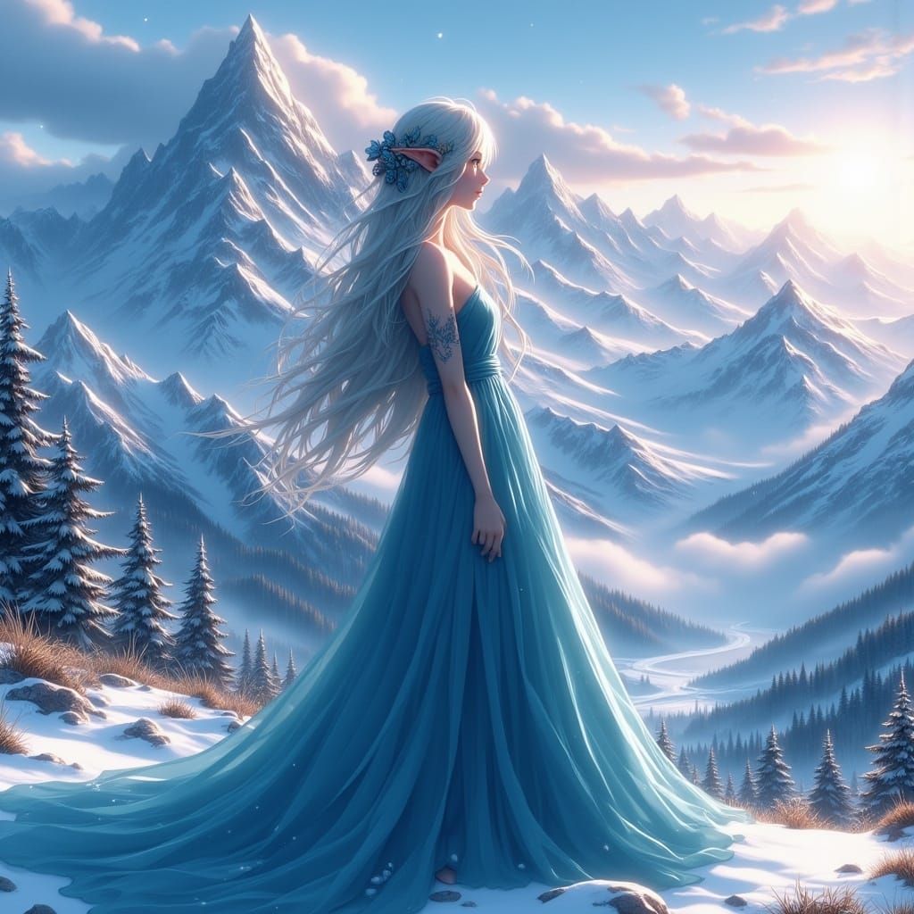 Ethereal Winter Beauty in Icy Blue Gown Stands Before Snow-C...