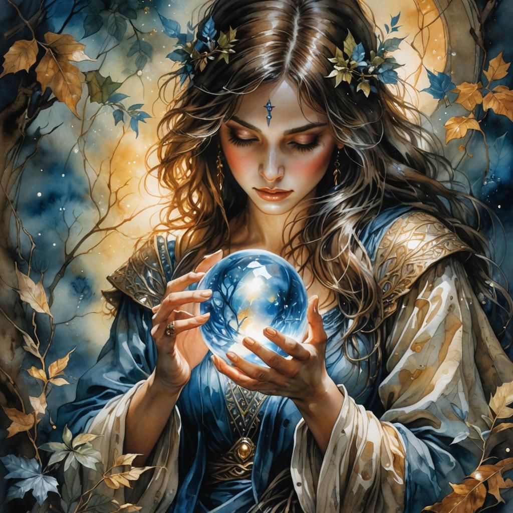 Mystical Watercolor Hands Cradling Orb on Parchment
