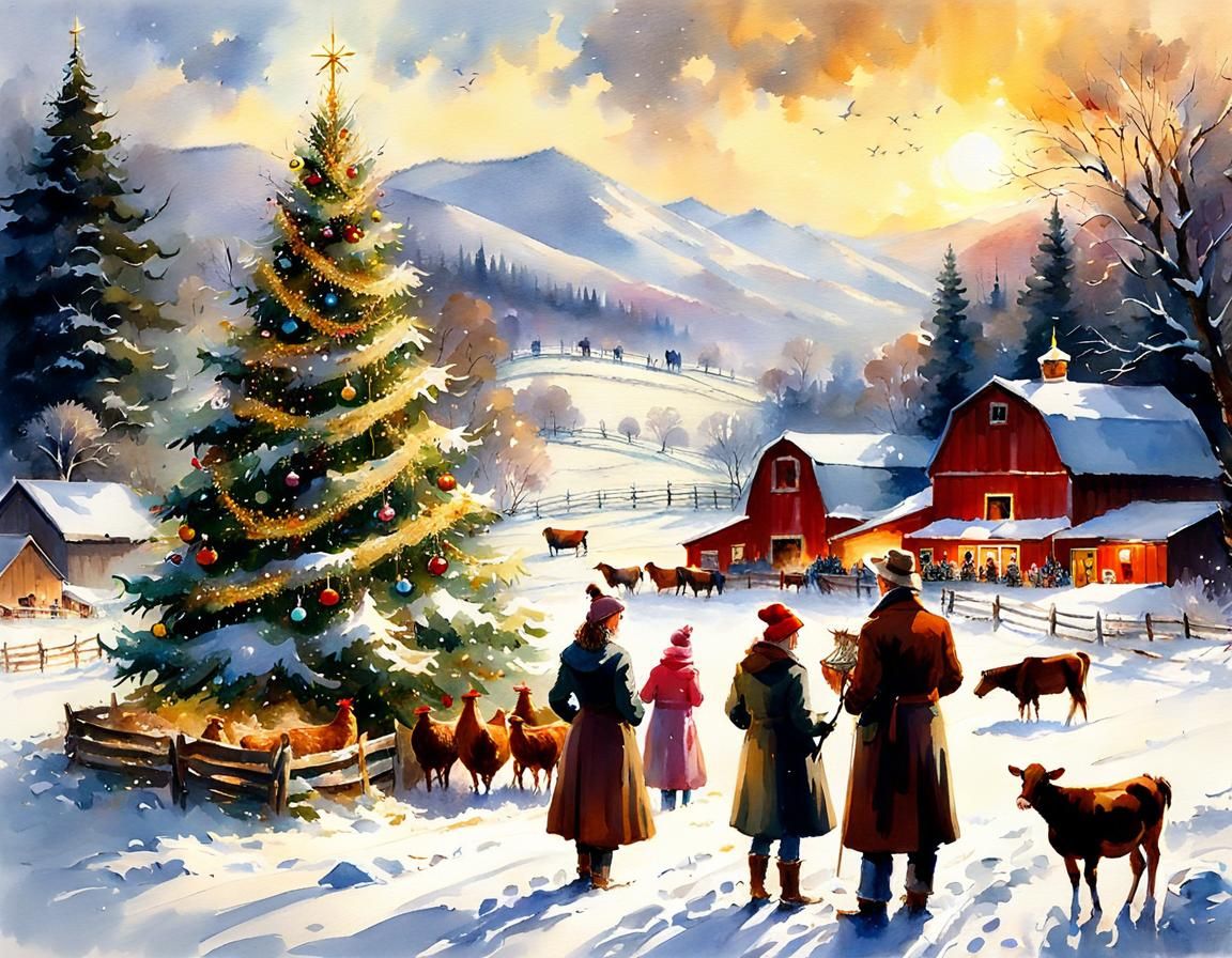 Festive Farm: A Christmas Watercolor Painting