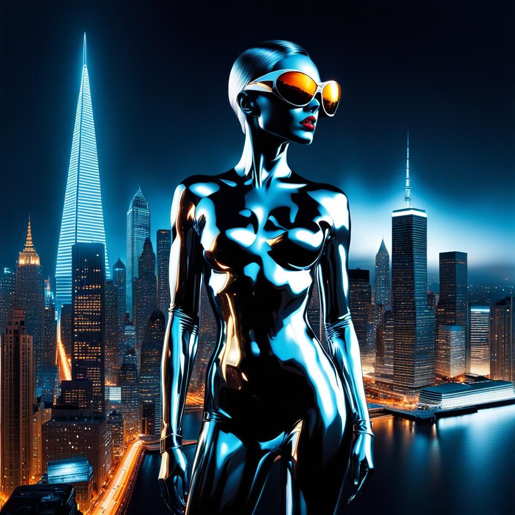 Liquid Metal Supermodel in Cityscape, Superheroic