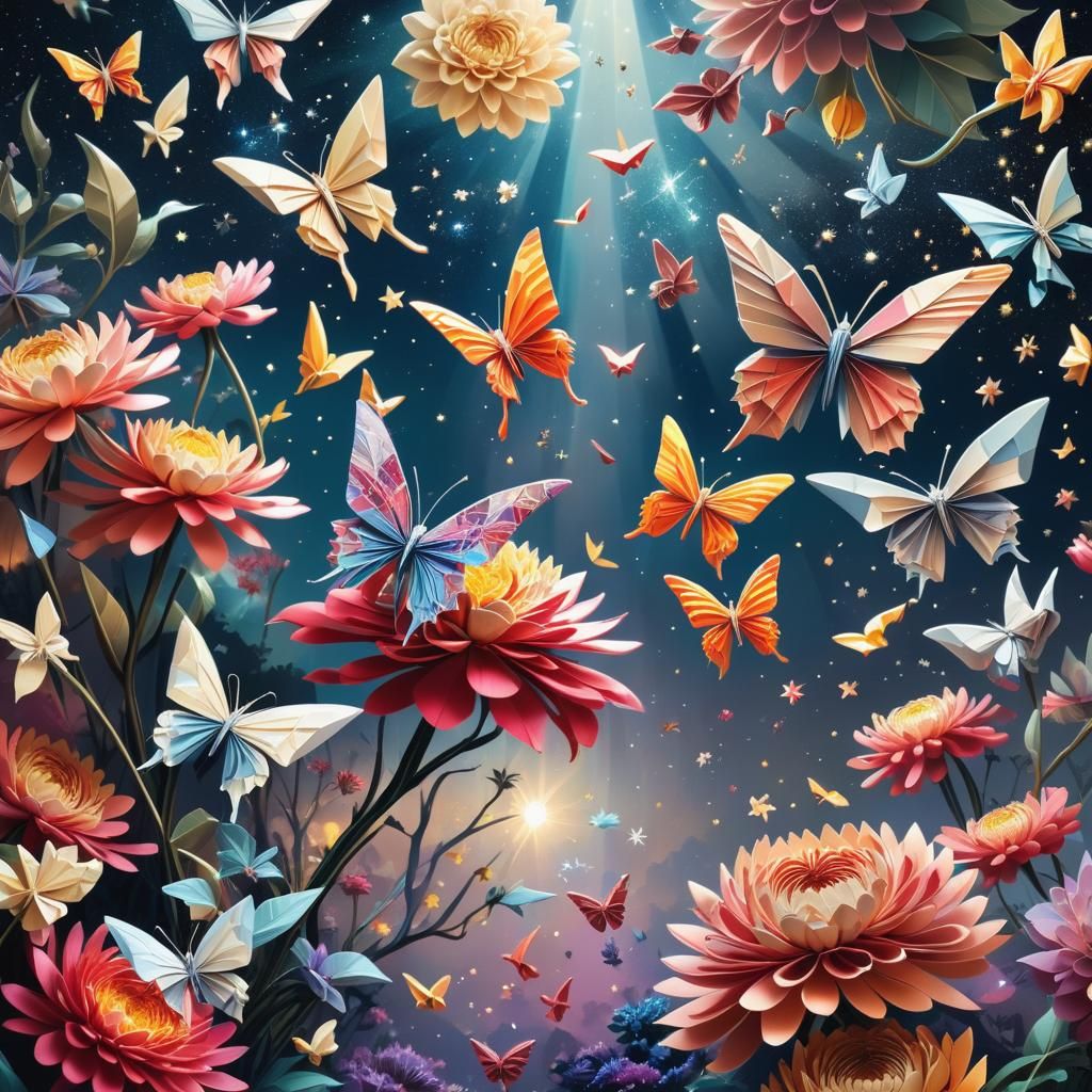 Origami Chrysanthemums and Butterflies with Stars