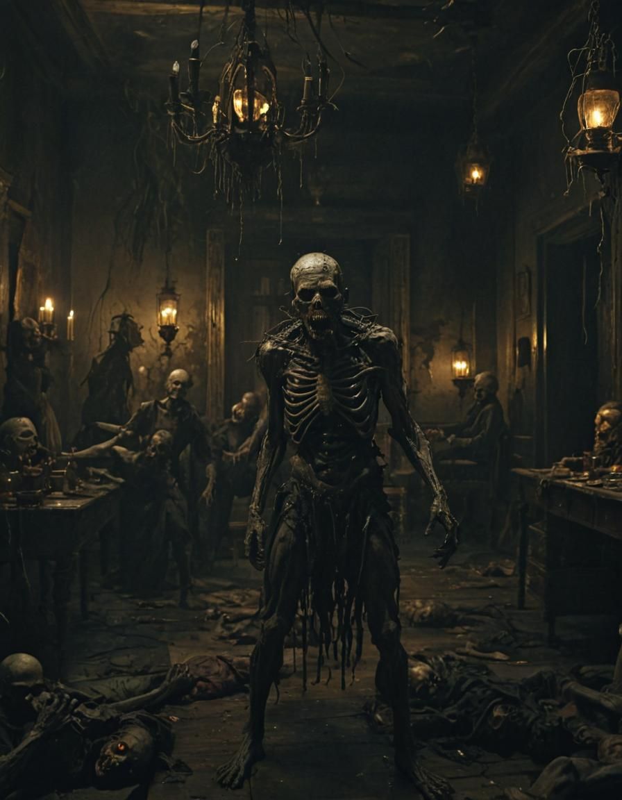 Grotesque Zombies Feast in Dark Mansion: Horror Oil Painting