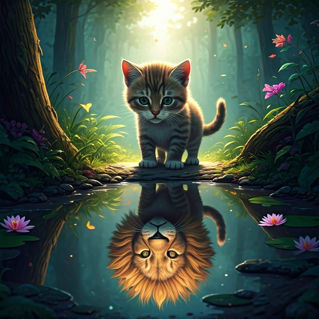 Kitten's Lion Reflection in Whimsical Forest