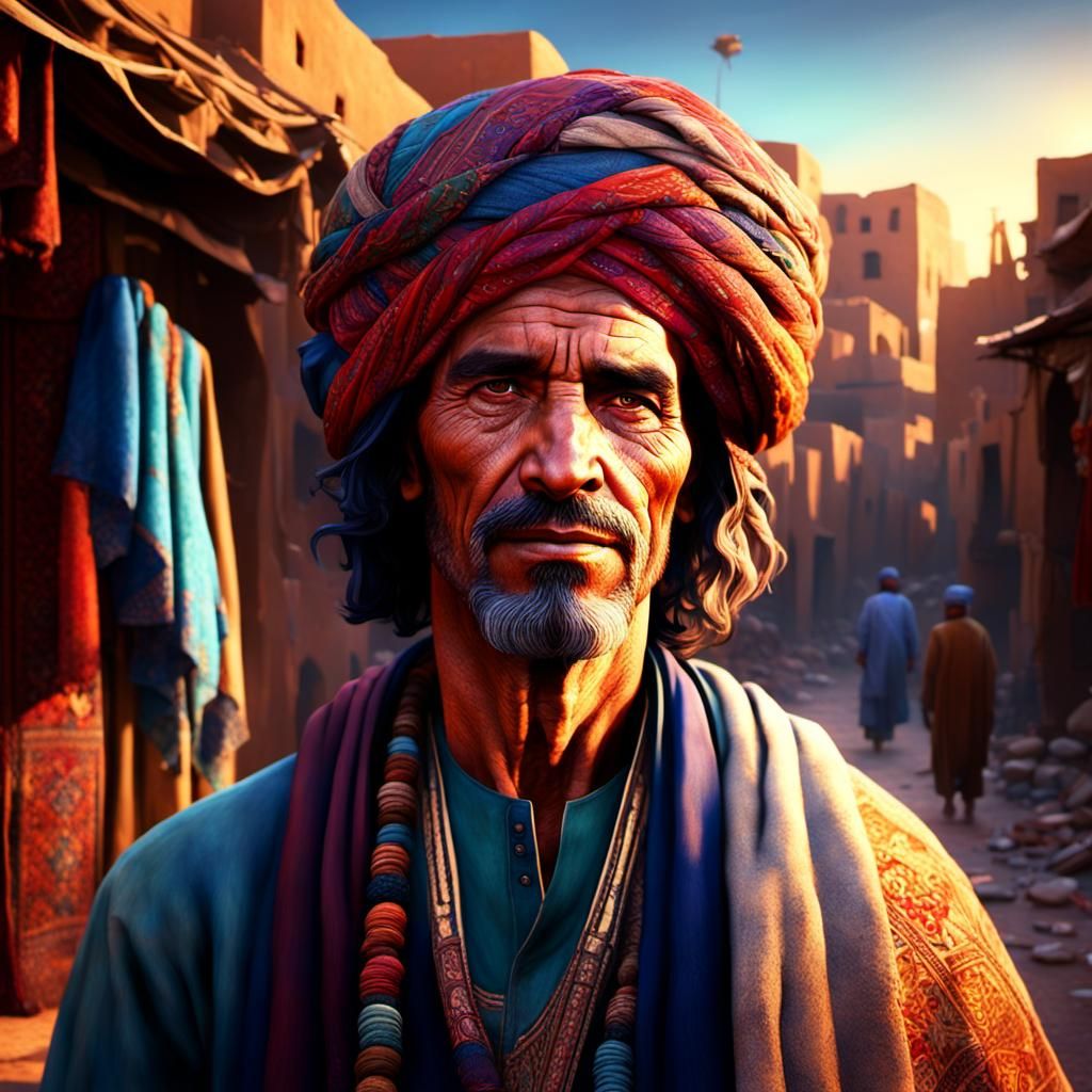 Moroccan Carpet Seller Portrait in Hyperdetailed Lighting