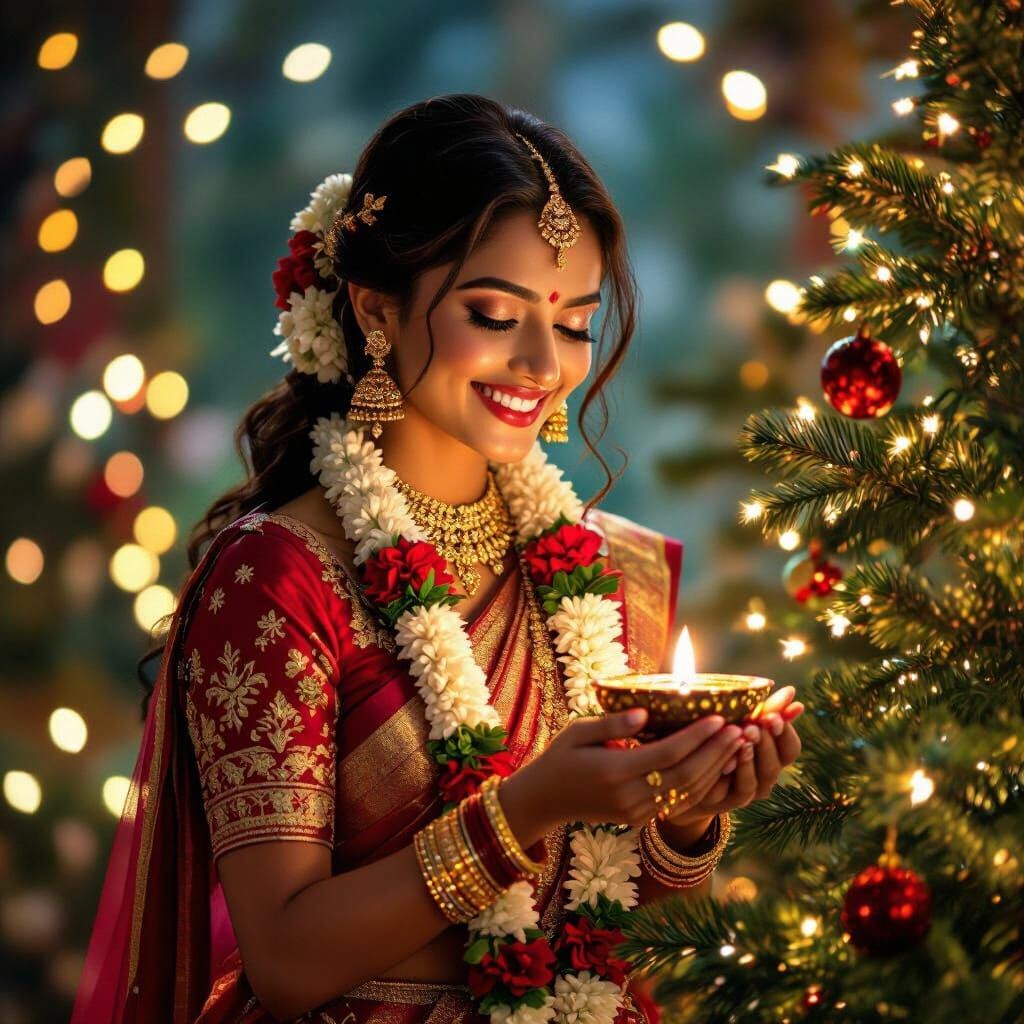 Hindu Woman Joyfully Celebrates Christmas with Diya