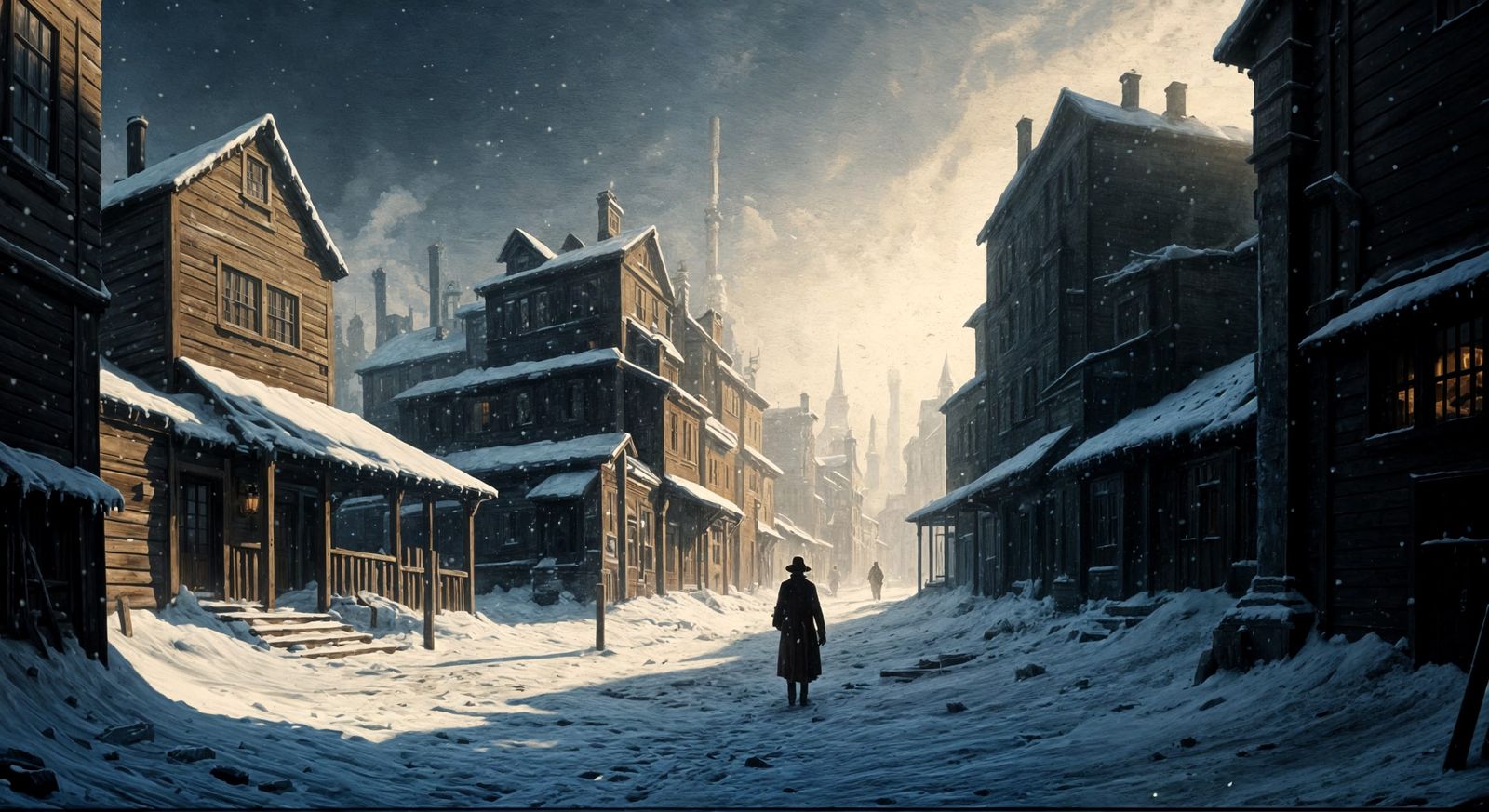 Winter City in Steampunk Era Oil Painting