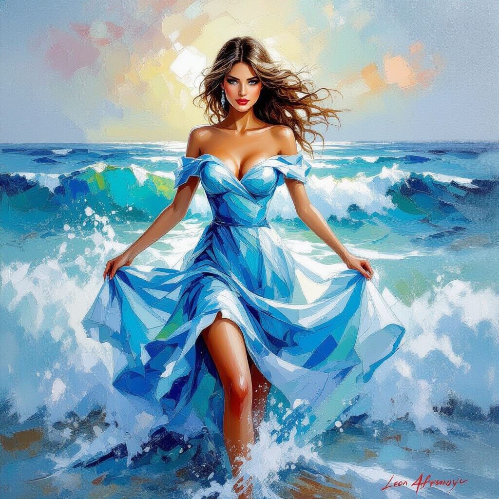 Woman Emerges from Ocean: Vivid Impasto Oil Painting